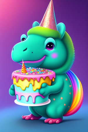 Cute cartoon hippo with birthday cake. 3D illustration.の写真素材