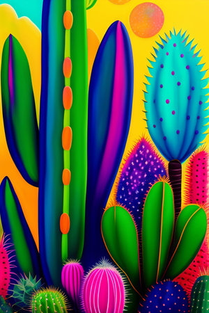 Colorful cacti on a yellow background. 3d illustrationの写真素材