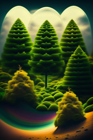 Fir trees in a surreal landscape. 3D render illustration.の写真素材