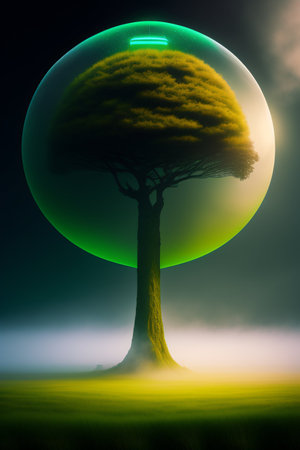 Tree in the fog with glowing sphere. 3D render. Conceptual image.の写真素材