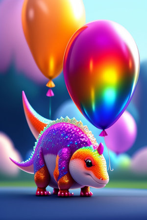 Cute dinosaur with balloons on the background of the night sky.の写真素材
