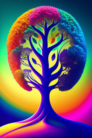 abstract tree on a rainbow background, 3d digitally rendered illustrationの写真素材