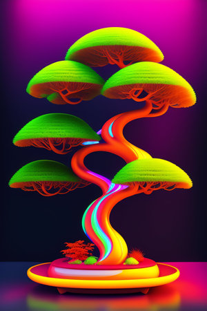 Illustration of a beautiful bonsai tree on a dark backgroundの写真素材
