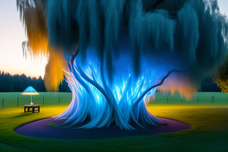 Fantasy landscape with a large tree in the middle of the fieldの写真素材