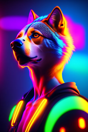 Portrait of a husky in neon light. 3D rendering.の写真素材