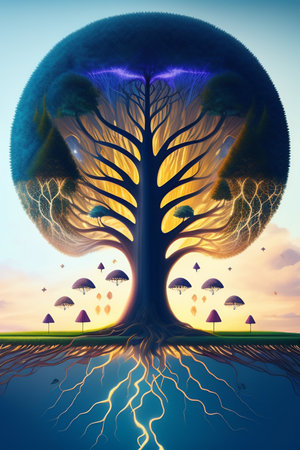 Fantasy tree with lightning in the sky. 3D illustration.の写真素材