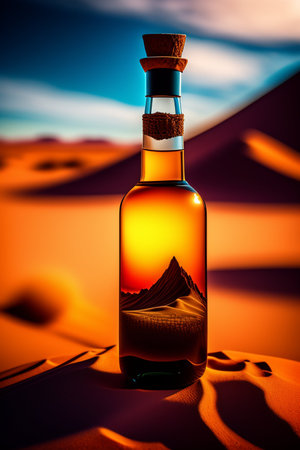 Bottle of rum in the desert with sand dunes at sunsetの写真素材