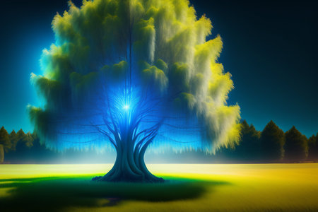 Big tree in the field at night. 3d render illustration.の写真素材
