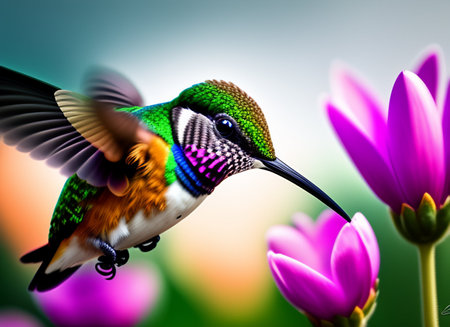 Hummingbird with pink flower on a nature background. Collage.の写真素材