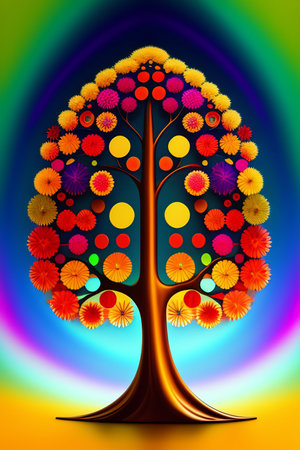 abstract colorful floral tree on a rainbow background, 3d renderの写真素材