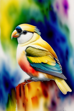 Colorful parrot sitting on a wooden post with abstract watercolor backgroundの写真素材