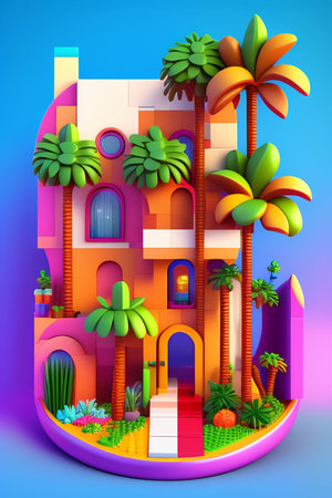 3d illustration of a colorful house with palm trees on a blue backgroundの写真素材