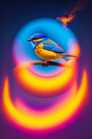 Colorful bird on the background of a bright fire. Colorful background.の写真素材