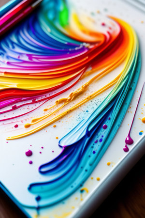 colorful acrylic paint on a white plate close-up macro photographyの写真素材