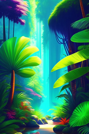 Fantasy landscape with tropical plants. 3D rendering. Computer digital drawing.の写真素材