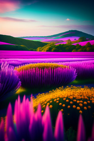 Beautiful spring landscape with flowers and mountains at sunset. Colorful digital painting.の写真素材