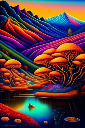 Landscape with mountains, lakes and trees. Abstract nature background.の写真素材