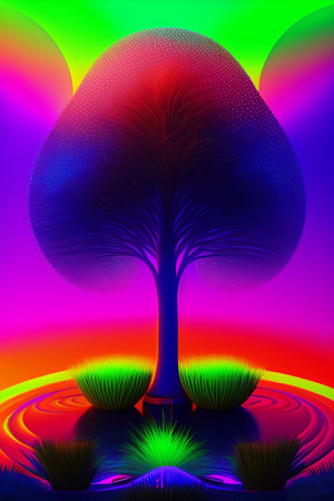 abstract scene with a tree on a colorful background. 3d renderingの写真素材