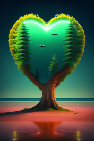 Heart shaped tree with plane flying in the background. 3D renderingの写真素材