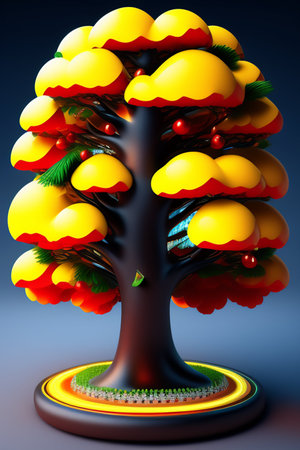 3d illustration of christmas tree with red and yellow balls.の写真素材
