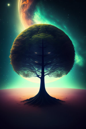 Beautiful fantasy landscape with a tree in the shape of a planetの写真素材