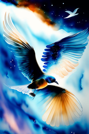 Illustration of a flying bird on a background of the starry skyの写真素材