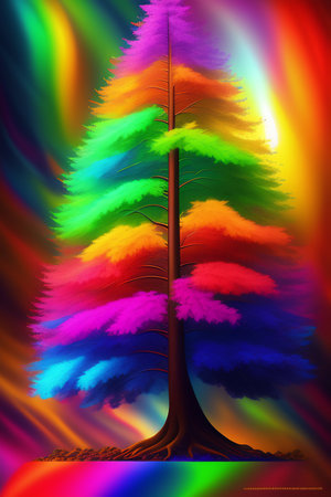 abstract colorful tree on a colorful rainbow background. 3d illustrationの写真素材