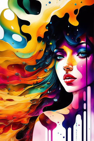 Beautiful woman face with abstract colorful background. 3d illustration.の写真素材