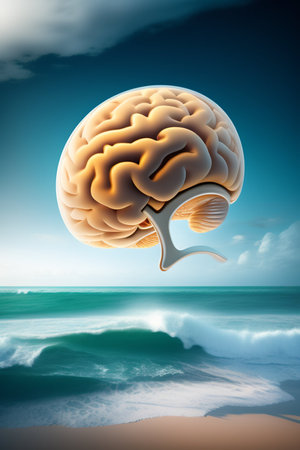Human brain on the beach. 3D illustration. Copy space.の写真素材