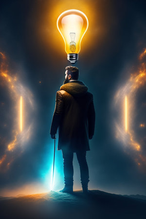Man with glowing light bulb on his head, concept of new ideaの写真素材