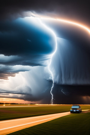 Car on the road with thunderstorm and lightning in the background.の写真素材