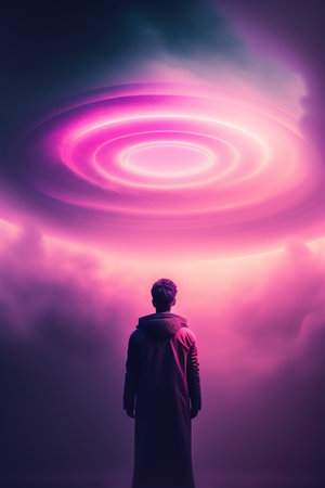 Young man standing in front of a glowing tornado in the sky conceptの写真素材