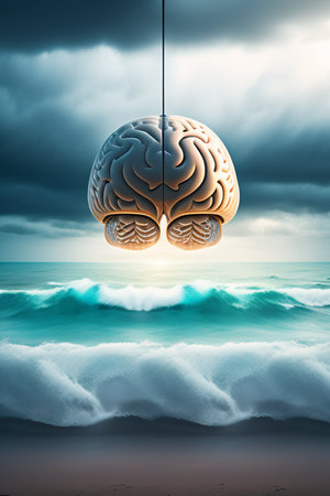 Human brain in the sea with stormy sky background. 3d renderingの写真素材