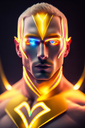 3D Illustration of a male cyborg with a golden crownの写真素材
