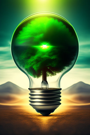 Green tree inside of light bulb on desert background. Ecology concept.の写真素材