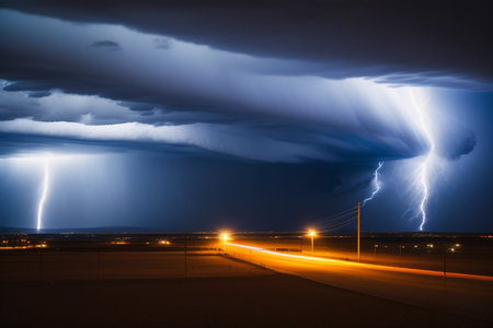 Lightning and thunderstorm over the highway at night in South Africaの写真素材