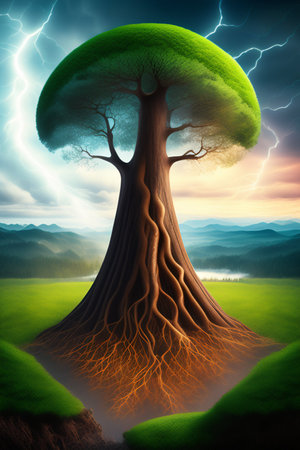 Fantasy landscape with green tree in the shape of a mushroom.の写真素材