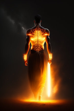 Athletic man with muscular body and bare torso on fire backgroundの写真素材