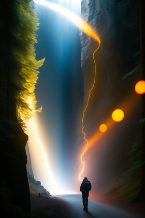 Silhouette of a man walking towards a waterfall in the mountainsの写真素材