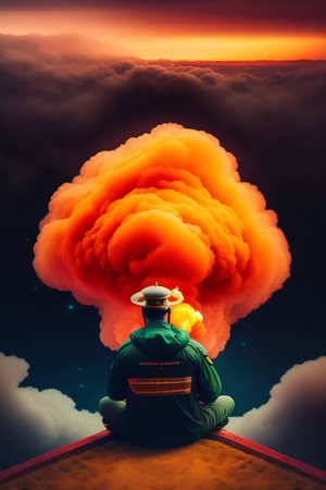 Man in a hat and a green jacket sits on the edge of the mountain and looks into the distance.の写真素材