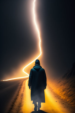 Man in a raincoat walking on a road with lightning in the backgroundの写真素材