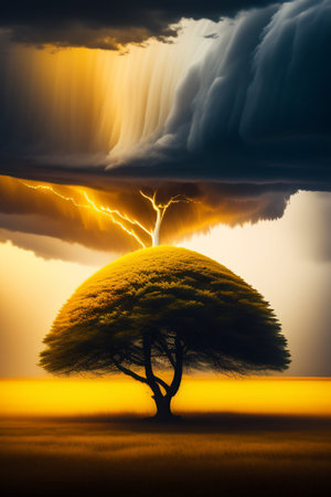 Lonely tree in stormy sky, 3d render illustrationの写真素材