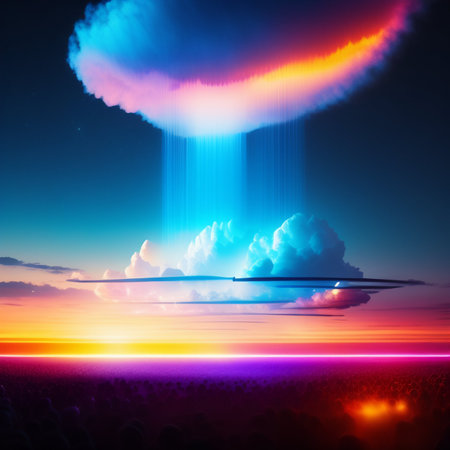 Dramatic cloudscape over the sea at sunset, 3d renderの写真素材