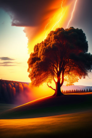 Lonely tree in the field at sunset. 3d renderingの写真素材