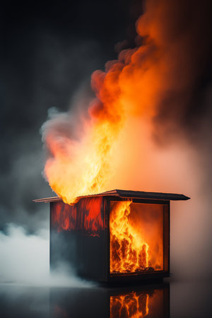 Burning house in the dark with a lot of smoke and fireの写真素材