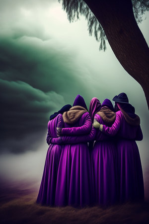 Three women in purple coats standing under a tree in a foggy forestの写真素材