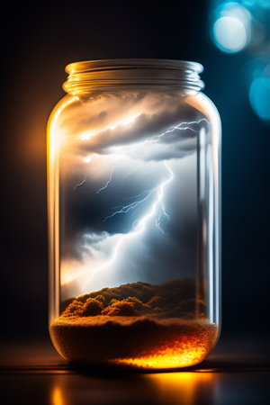 Lightning in a glass jar on dark background. 3D renderingの写真素材