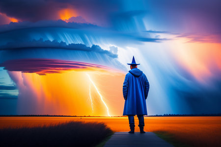 Halloween concept. A man in a dark blue cloak with a hood on his head stands on the road against the background of a stormy sky.の写真素材