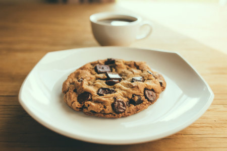 Chocolate chip cookie on white plate with coffee cup on wooden tableの写真素材
