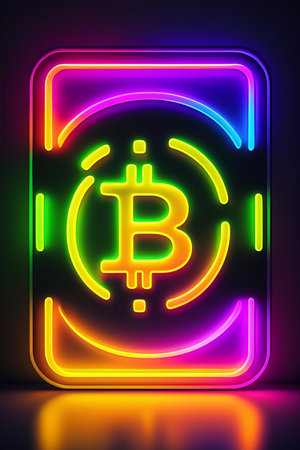 Neon bitcoin sign in neon style on dark background. Vector illustration.の写真素材